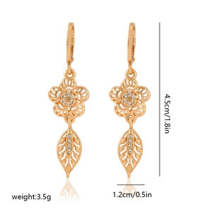 Detail view of champagne gold earrings with zircon inlay showing size and weight specs