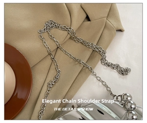 Macro detail of silver acrylic shell bag with metallic chain strap and orb decoration