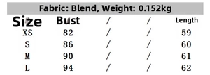 Size chart detail for fringe satin top showing chest and length measurements