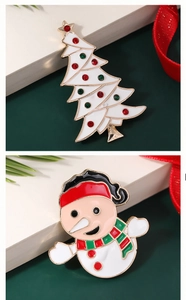Detailed view of Christmas tree and snowman enamel pins with festive holiday decor
