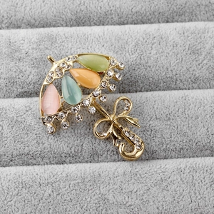 Exquisite gold alloy umbrella brooch with colorful opal stones and rhinestone bow details