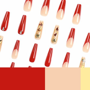 French style long coffin press-on nails with autumn maple leaves and sparkling rhinestones