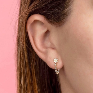 Elegant s925 silver needle floral earrings with zircon drop chain and white enamel petals