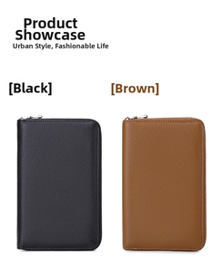 Detail of lychee pattern leather wallets in black and brown with secure zipper closures