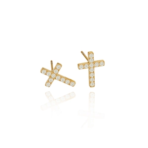 Exquisite gold-plated cross stud earrings with micro-paved white cubic zirconia stones