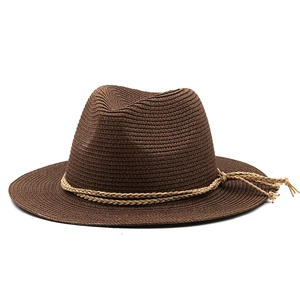 Classic dark brown woven straw fedora sun hat for women with decorative rope band