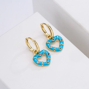 Bohemian gold-plated heart earrings with blue enamel and colorful zircon stones