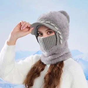 Grey 3-in-1 winter knit hat with integrated face mask, scarf and plush lining for women