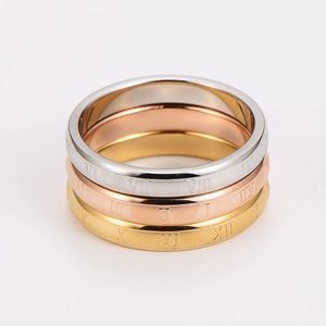 Minimalist stainless steel ring set with Roman numerals in silver, rose gold and gold