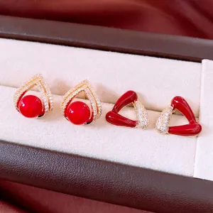 Boucles D Oreilles Géométriques Triangle Émail Rouge Et Perle Cuivre Plaqué Or 18K Zircone Avec Silver Earring Post Bijou