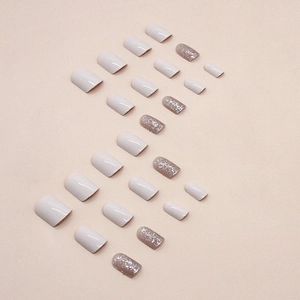 Short square creamy white and glitter press-on nails in sweet minimalist style