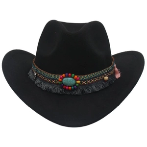 Detail of black felt cowboy hat featuring ethnic beaded band with turquoise and grey tassels