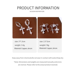 Detailed size and material information for zircon cross hoop earrings in silver finish