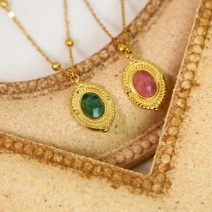 French vintage 14K gold plated stainless steel necklace with oval natural stone pendants