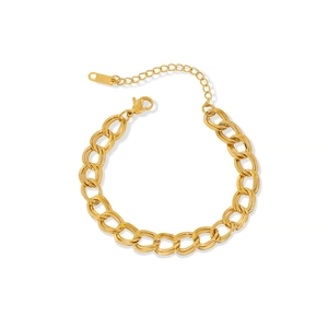 Detailed macro view of 18K gold plated stainless steel chain link bracelet with lobster clasp