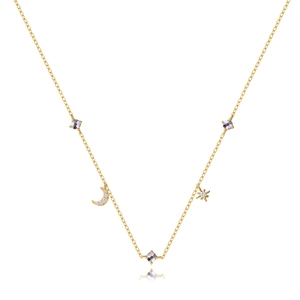 S925 sterling silver gold necklace featuring star and moon pendants with colorful crystals