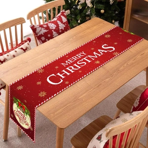 Christmas table runner with red snowflake patterns and Merry Christmas text for home decor
