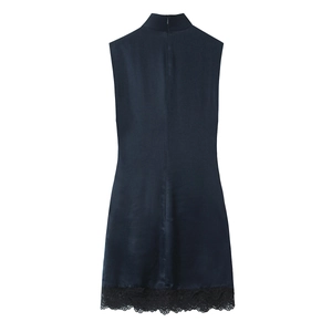 Navy blue sleeveless satin mini dress with lace trim and hidden back zipper