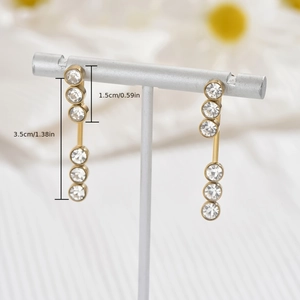 Elegant gold stainless steel drop earrings with round cubic zirconia, 3.5cm length
