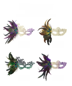 Detail of four gradient feather lace masquerade masks with rhinestones and jewels