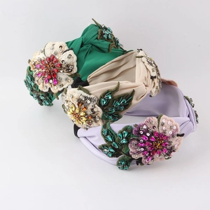 Set of three fashion wide fabric headbands with 3D floral embroidery and rhinestones