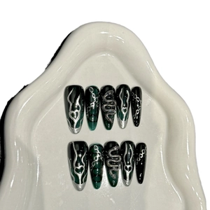 Gothic Green Snake Press-on Nails with 3D Silver Serpent and Metallic Flame Art