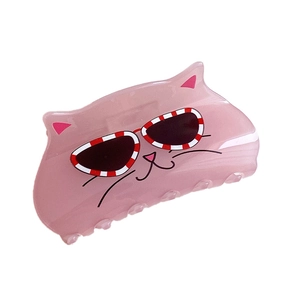 Pink acrylic cat hair claw clip with cute cartoon cat face and red striped sunglasses