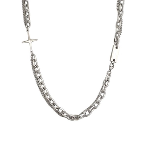 Men's hip hop layered silver necklace with cross and rectangular plate pendants