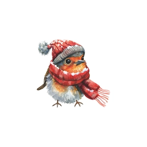 Sticker de fenêtre de Noël avec oiseau mignon portant bonnet rouge, écharpe et flocons