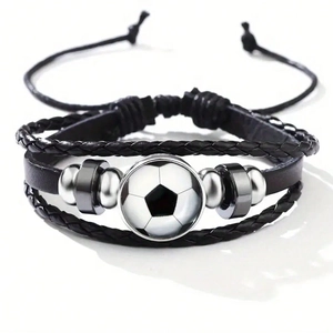Braided leather football charm bracelet with adjustable cords and soccer ball glass dome
