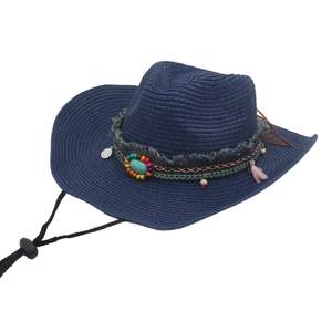 Western Cowboy Straw Hat Bohemian Ethnic Sun Protection Beach Fedora Turquoise Beads Tassels Wind Rope Wide Brim