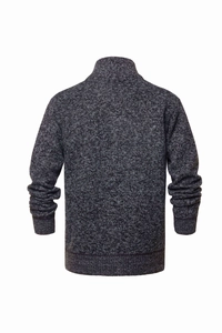 Back view of men's slim fit stand collar knitted cardigan in melange gray color
