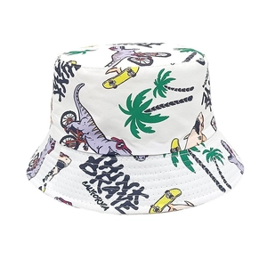 Detailed view of kids bucket hat with colorful dinosaur print and California text