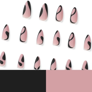 Matte pink press-on nails with black wavy abstract patterns in almond shape
