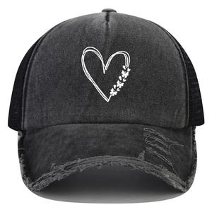 Distressed black trucker hat featuring printed white heart butterfly and mesh back