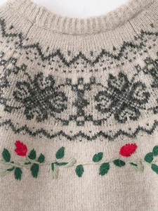 Close-up of ribbed crewneck detail with vintage jacquard patterns and floral embroidery