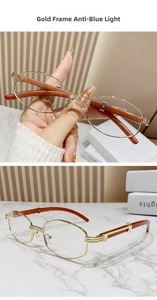 Detail der Retro-Punk-Metallbrille mit Goldrahmen und Bügelscharnieren in Holzoptik