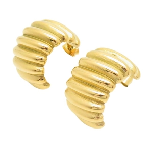 Polished 18k gold plated C-shaped caterpillar earrings with striped texture on white background