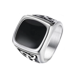 Men's vintage titanium steel signet ring with black stone and Celtic knot patterns