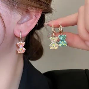 Boucles D'oreilles Créoles Pendentif Ours Iridescent Avec Zircon Et Tige En Argent Bijoux Animaux Mignons Pour Femmes