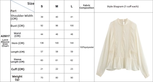 Size chart for lace patchwork shirt detailing shoulder, bust, and sleeve measurements