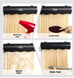 Barber shop wig storage rack showing blow drying, styling, washing, and curling features