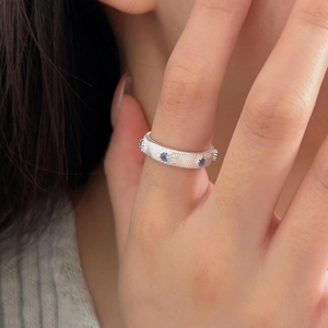 925 Sterling Silver Ring Round Blue Zircon Inlaid Vertical Texture Minimalist Open Adjustable Jewelry For Women