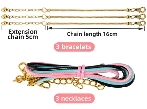 Detail showing 16cm golden snake chains and 3 colored necklaces with 5cm extension