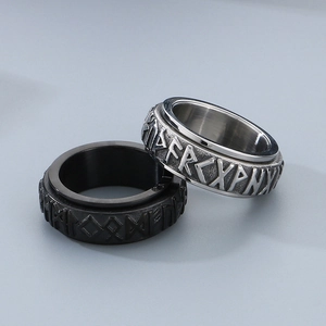 Rotating Viking rune rings in black and silver stainless steel for men and women