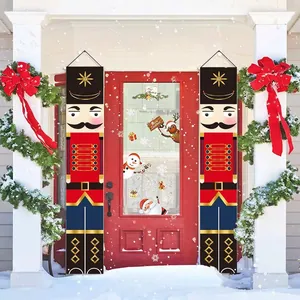 Nutcracker soldier Christmas porch banner set with red festive door decorations and clings