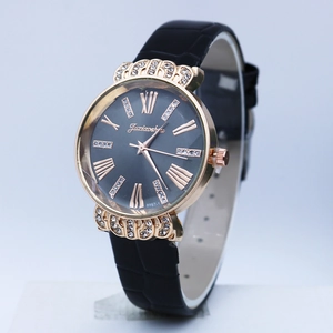 Women's quartz watch with rose gold crown case, Roman numerals and black leather strap