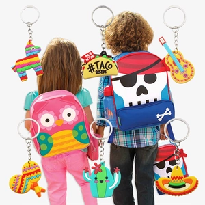 6-pack PVC Mexican fiesta keychains featuring taco, pinata, and cactus for party decor