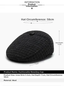 Detailed close-up of winter grey plaid ivy cap with ear flaps and wool texture