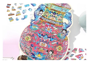 Detail view of puzzle-style stickers with traditional Ruyi vase and vintage restoration theme